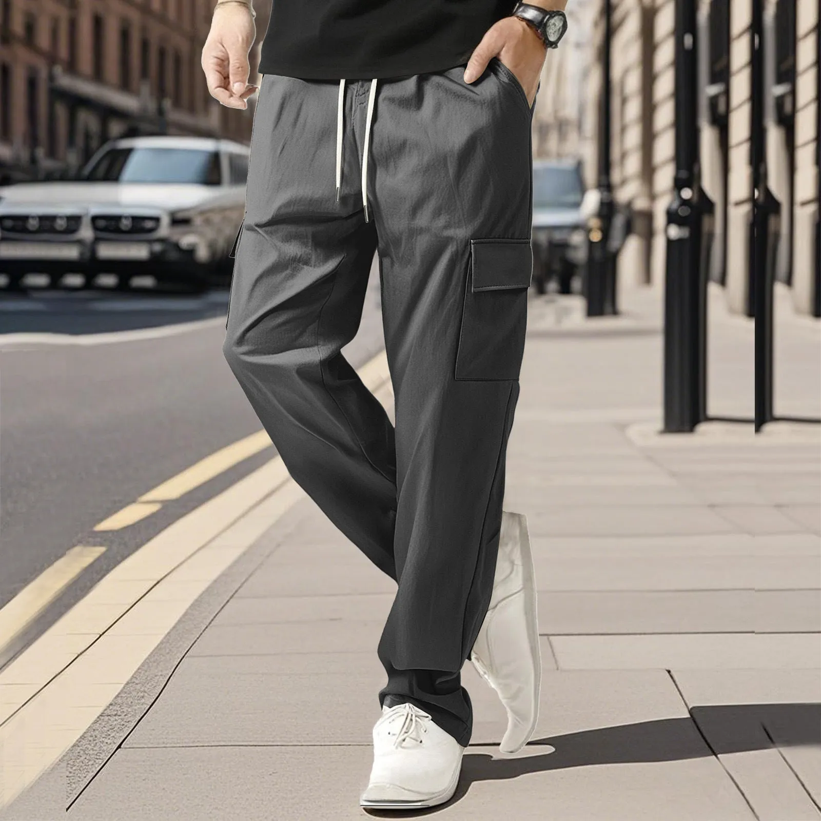 Men's loose straight leg cargo trousers in solid colour, quick-drying polyester blend, available in black white khaki light blue gray