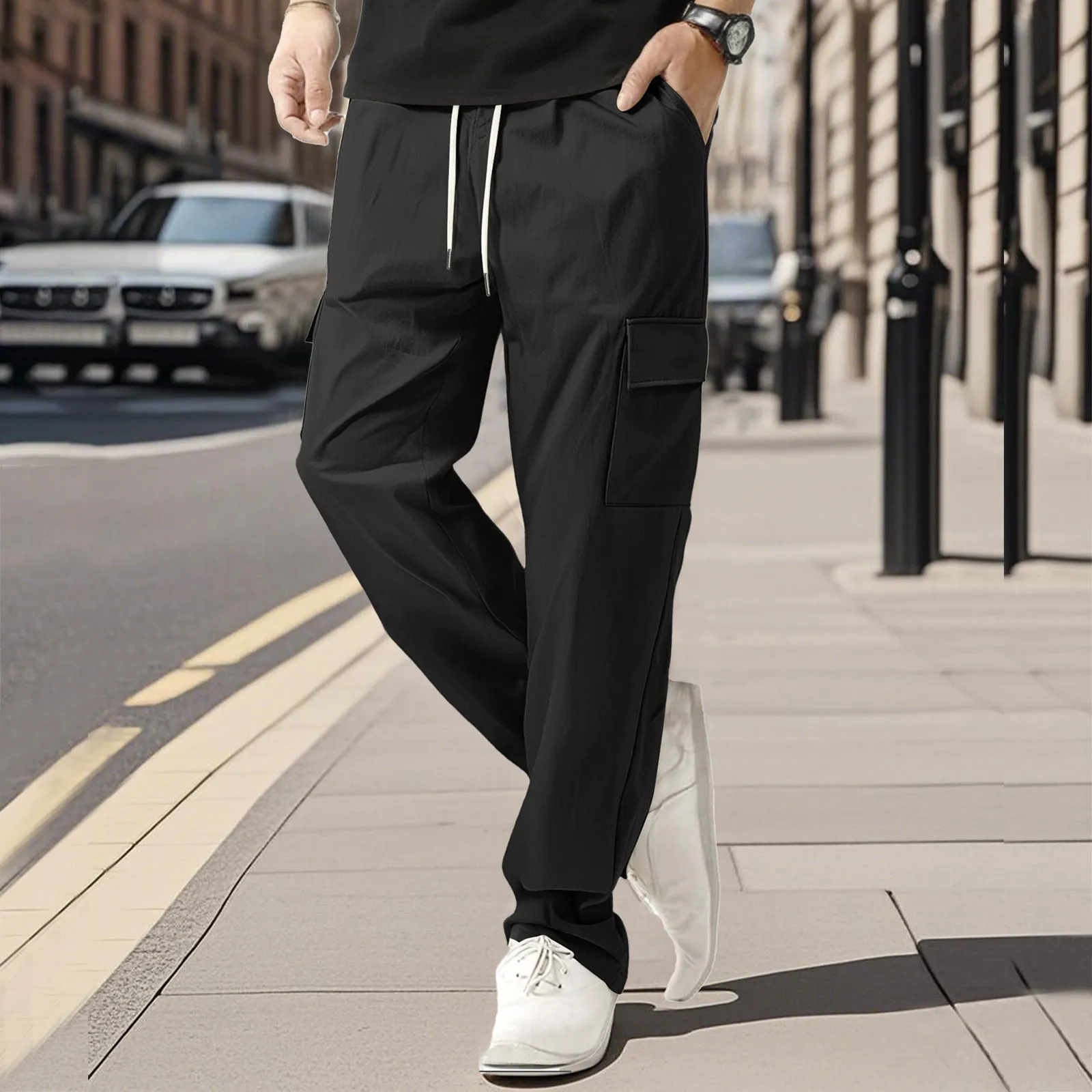 Men's loose straight leg cargo trousers in solid colour, quick-drying polyester blend, available in black white khaki light blue gray