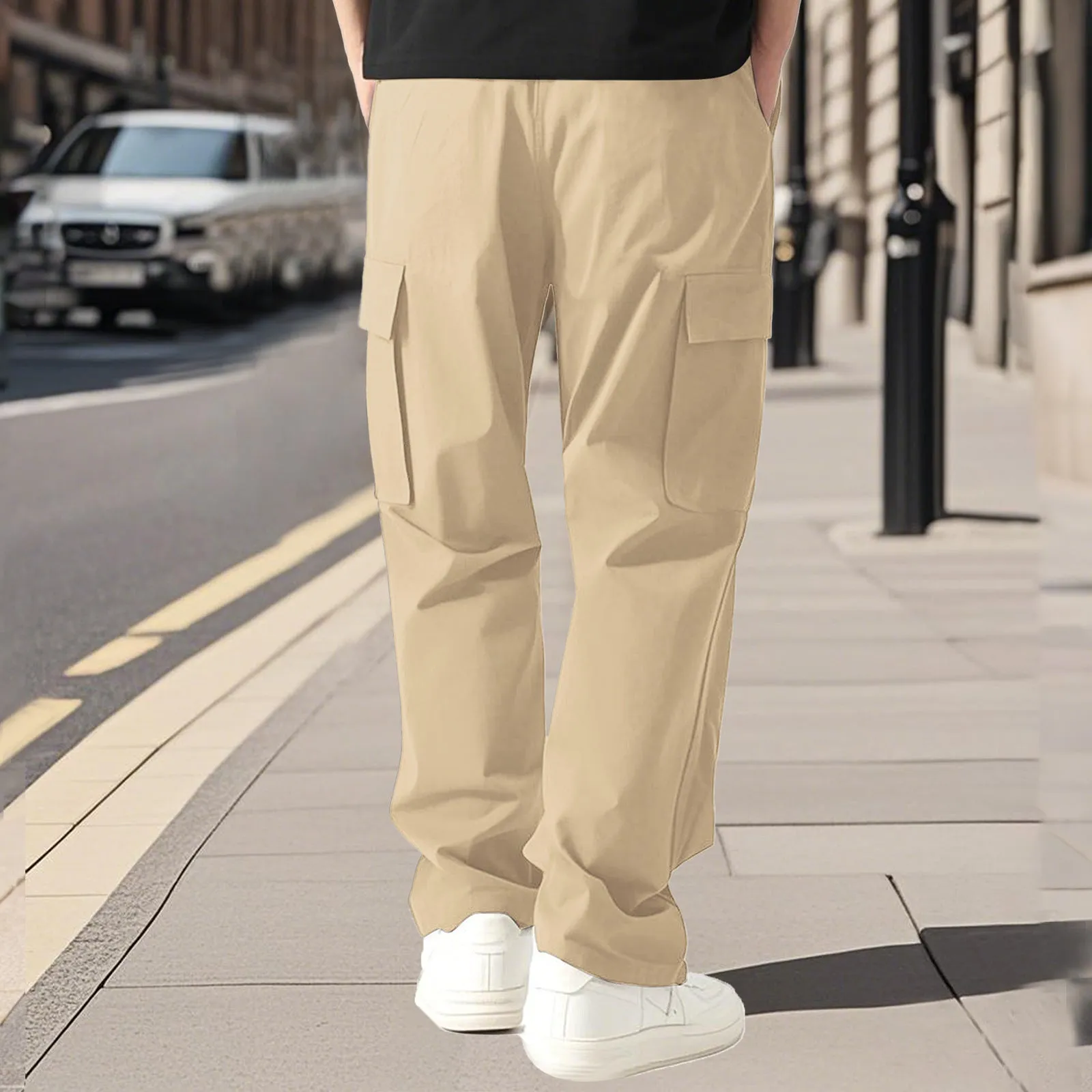 Men's loose straight leg cargo trousers in solid colour, quick-drying polyester blend, available in black white khaki light blue gray