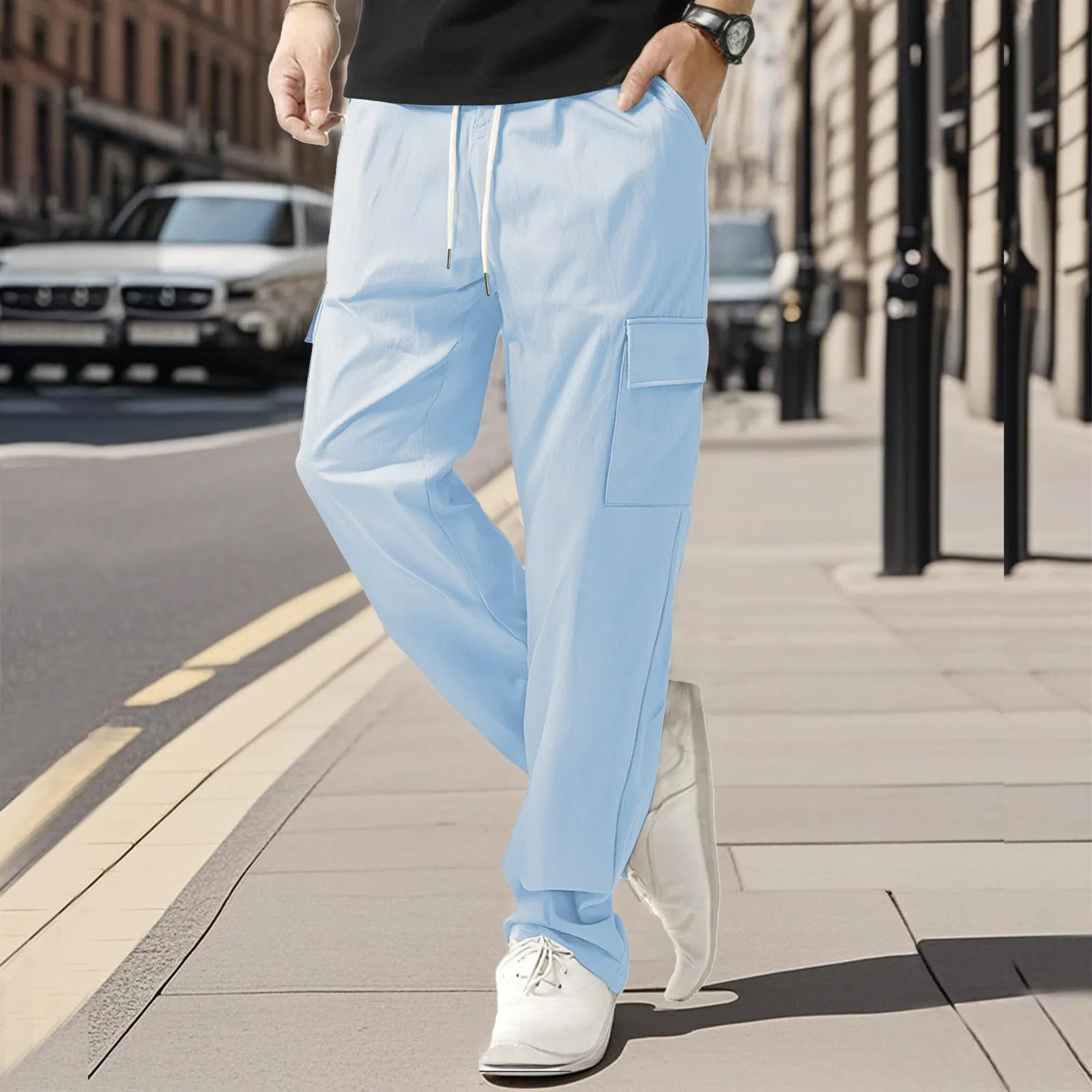 Men's loose straight leg cargo trousers in solid colour, quick-drying polyester blend, available in black white khaki light blue gray