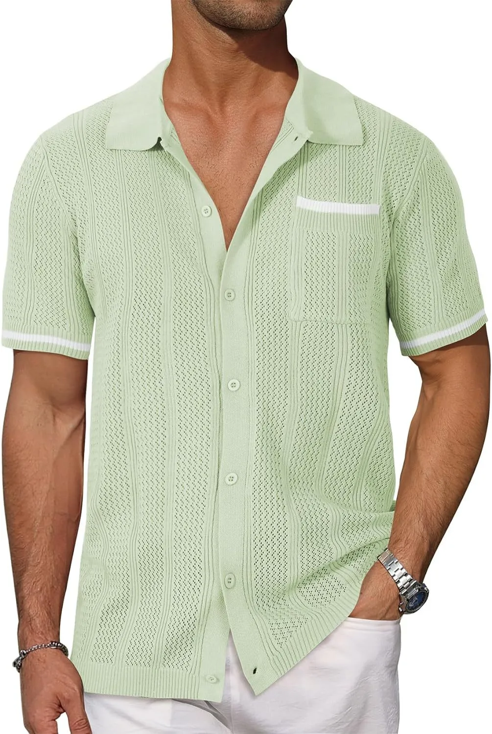 Men's casual short-sleeved cardigan shirt in breathable hollow weave, front view showing patch pocket, available in six colours including white and black, plus size S to XXXL