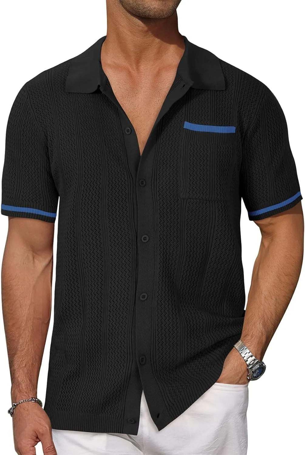 Men's casual short-sleeved cardigan shirt in breathable hollow weave, front view showing patch pocket, available in six colours including white and black, plus size S to XXXL