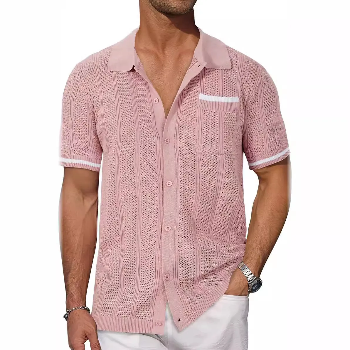 Men's casual short-sleeved cardigan shirt in breathable hollow weave, front view showing patch pocket, available in six colours including white and black, plus size S to XXXL