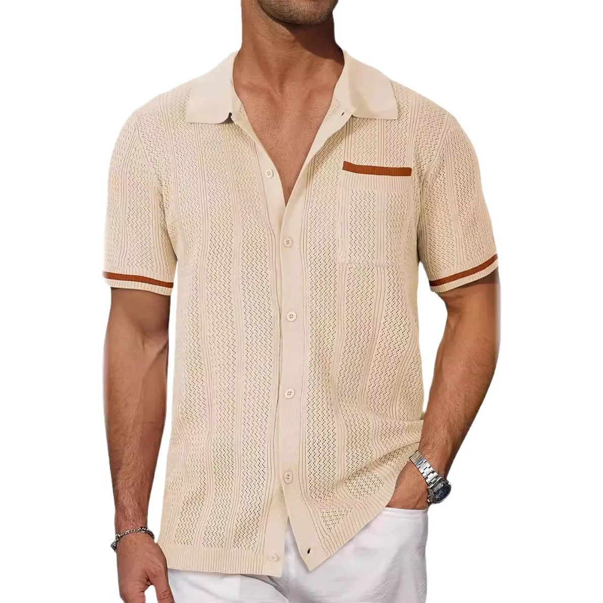 Men's casual short-sleeved cardigan shirt in breathable hollow weave, front view showing patch pocket, available in six colours including white and black, plus size S to XXXL