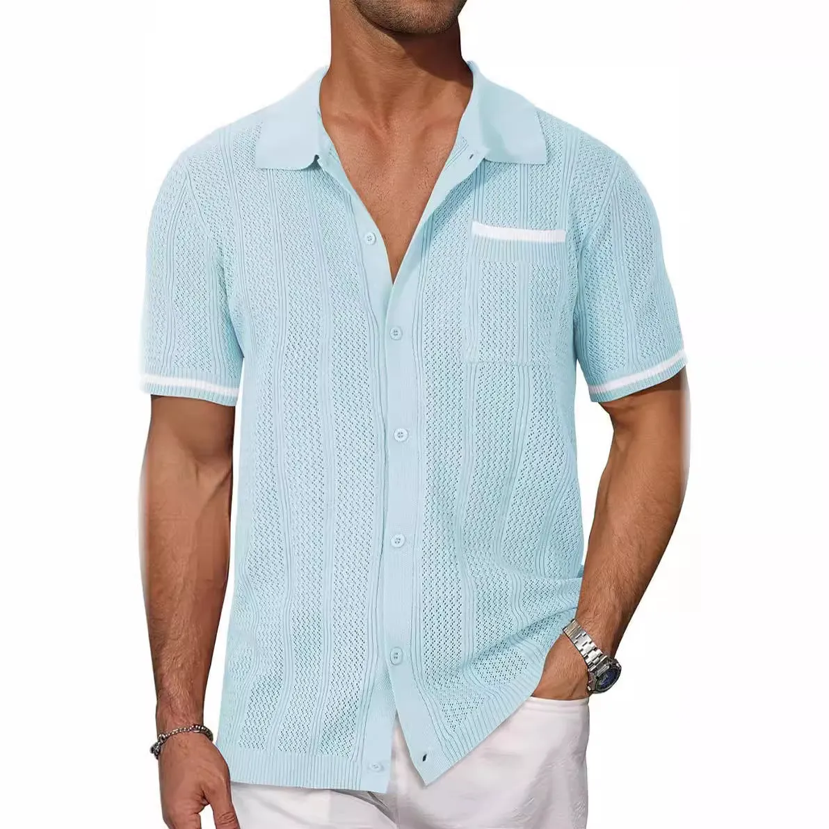 Men's casual short-sleeved cardigan shirt in breathable hollow weave, front view showing patch pocket, available in six colours including white and black, plus size S to XXXL