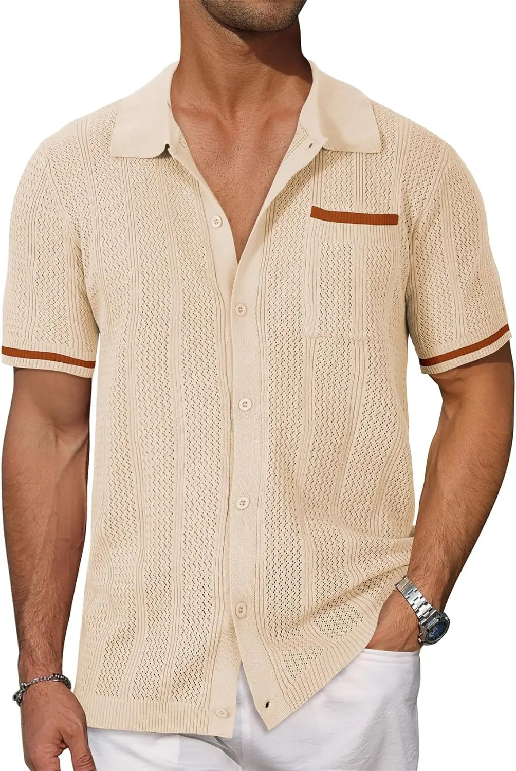 Men's casual short-sleeved cardigan shirt in breathable hollow weave, front view showing patch pocket, available in six colours including white and black, plus size S to XXXL