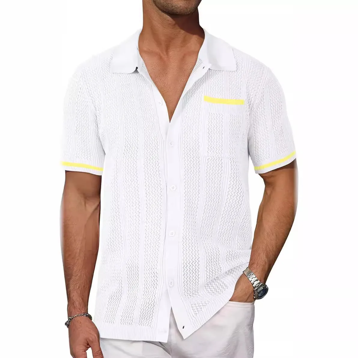 Men's casual short-sleeved cardigan shirt in breathable hollow weave, front view showing patch pocket, available in six colours including white and black, plus size S to XXXL