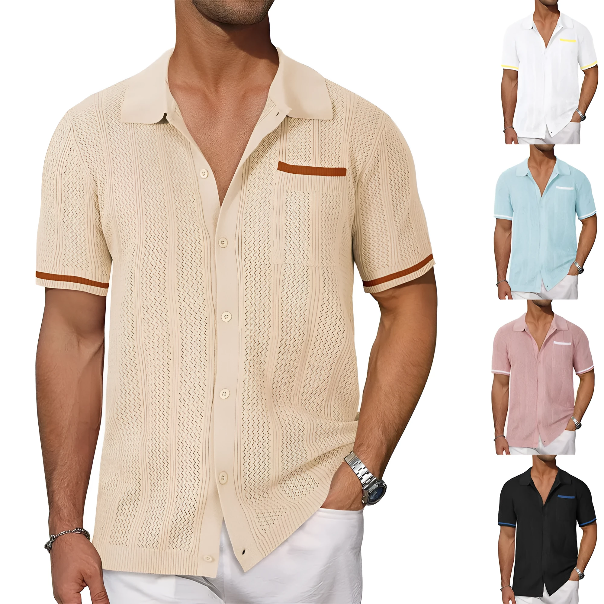 Men's casual short-sleeved cardigan shirt in breathable hollow weave, front view showing patch pocket, available in six colours including white and black, plus size S to XXXL