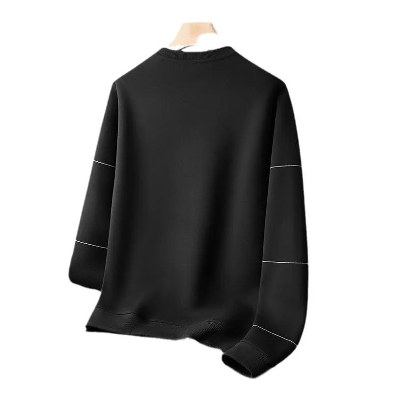 Men's loose round neck cotton stripe pullover sweatshirt with 3D patch pocket, in black, front view