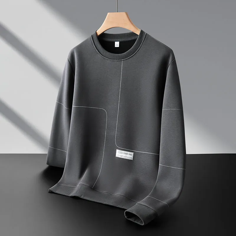 Men's loose round neck cotton stripe pullover sweatshirt with 3D patch pocket, in black, front view
