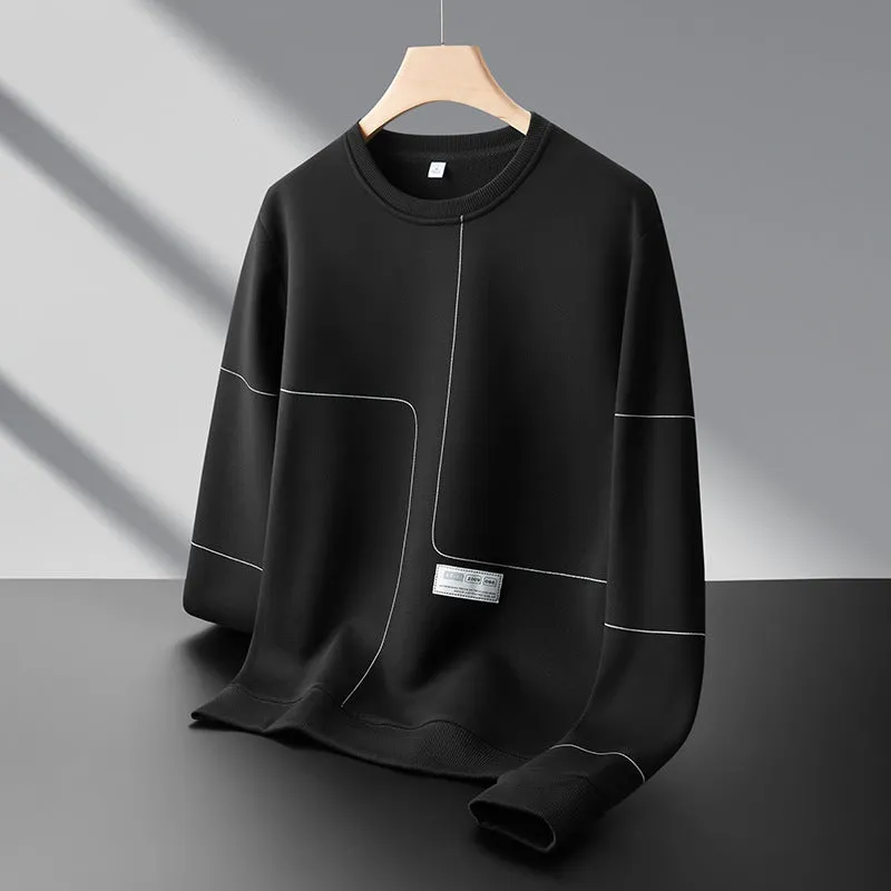 Men's loose round neck cotton stripe pullover sweatshirt with 3D patch pocket, in black, front view