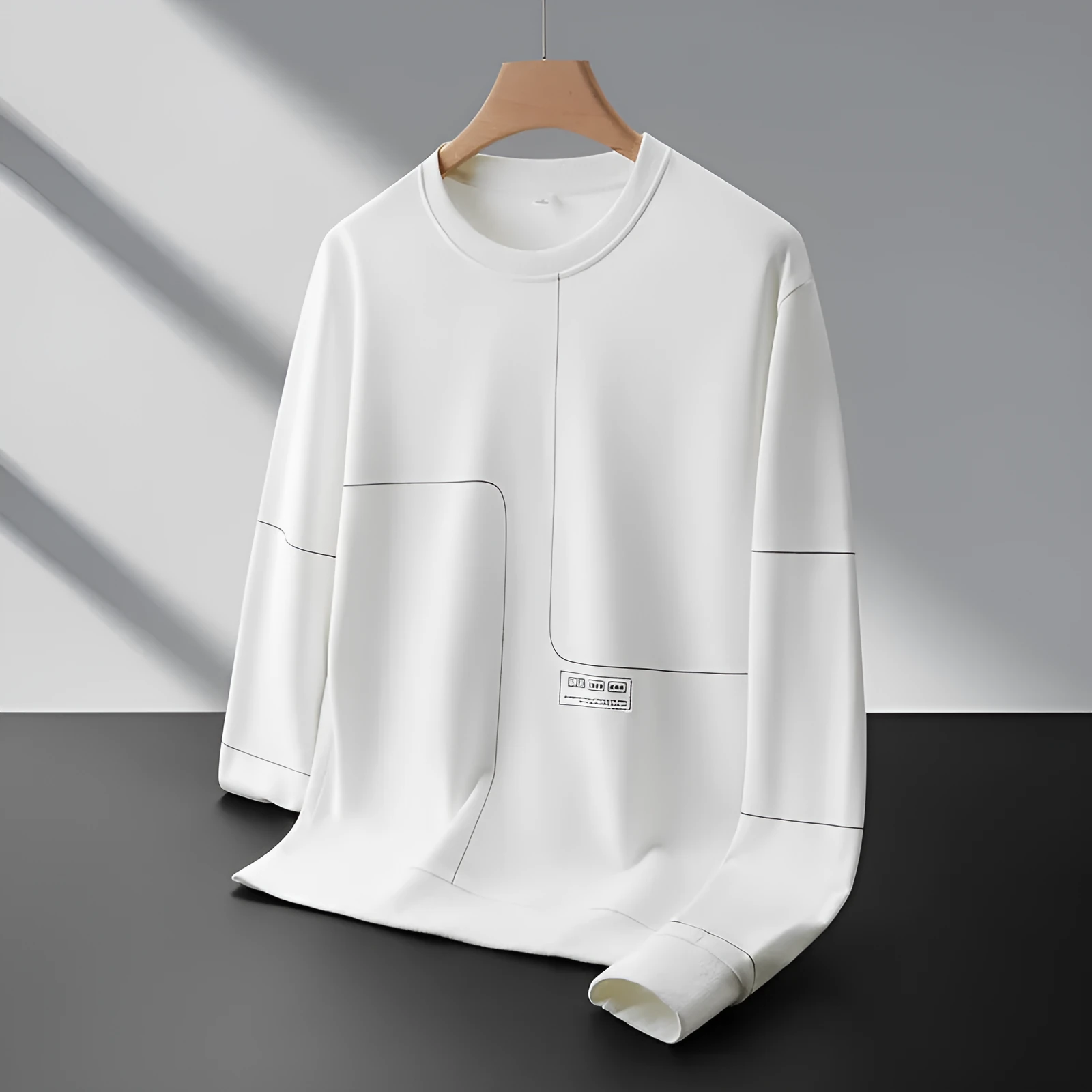 Men's loose round neck cotton stripe pullover sweatshirt with 3D patch pocket, in black, front view