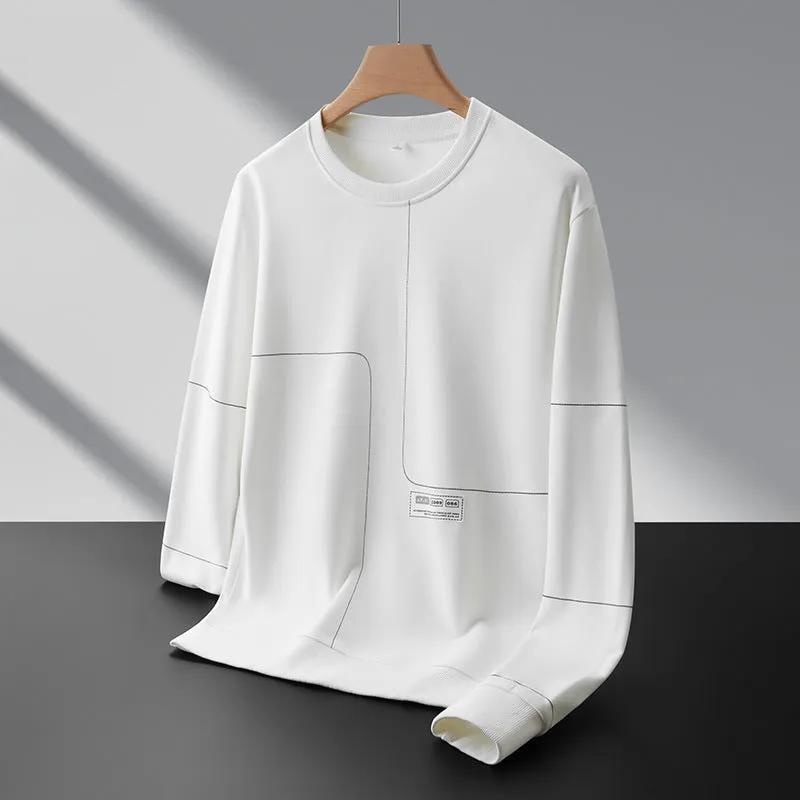 Men's loose round neck cotton stripe pullover sweatshirt with 3D patch pocket, in black, front view