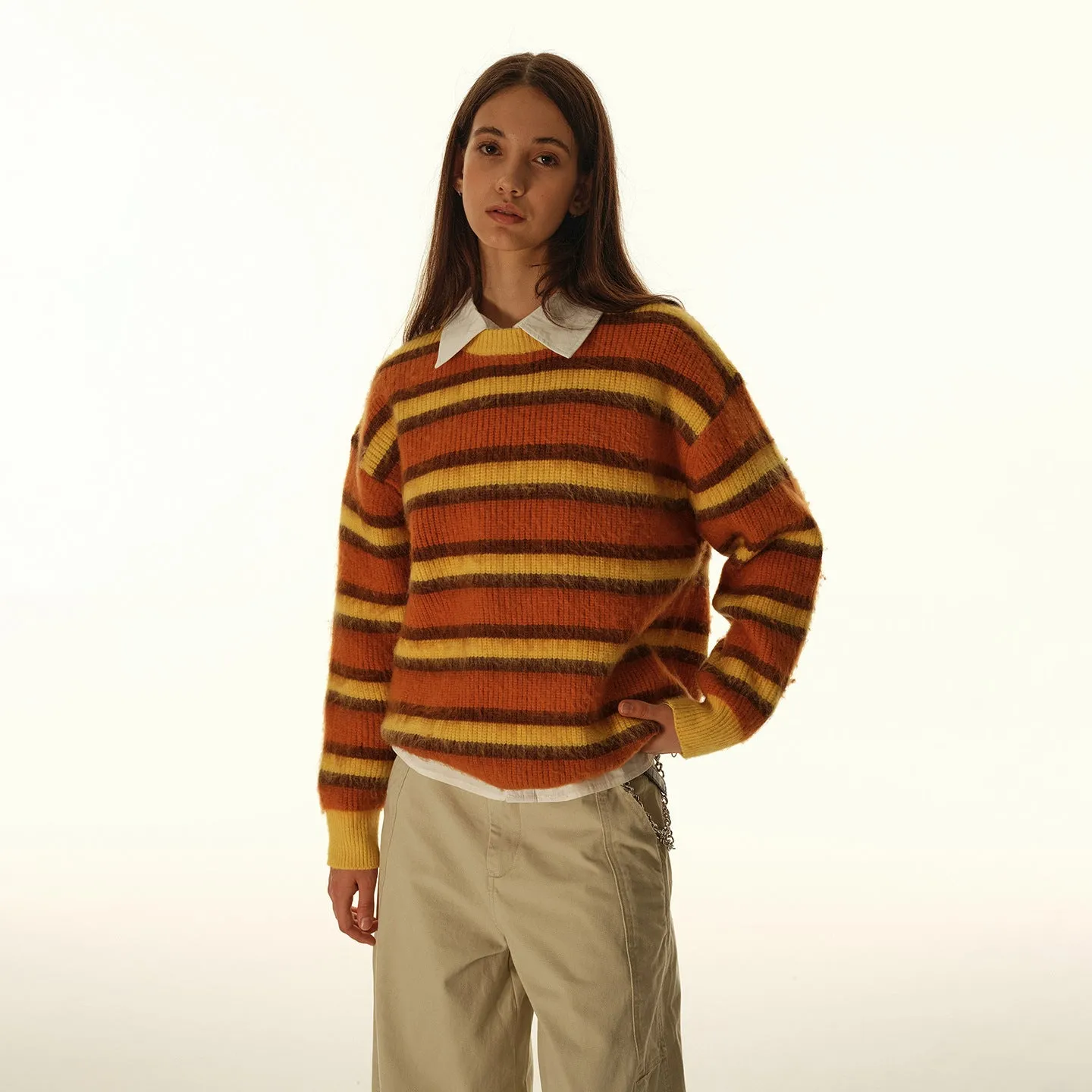 American retro cleanfit striped round neck pullover sweater for men in yellow-orange and blue-black colour options