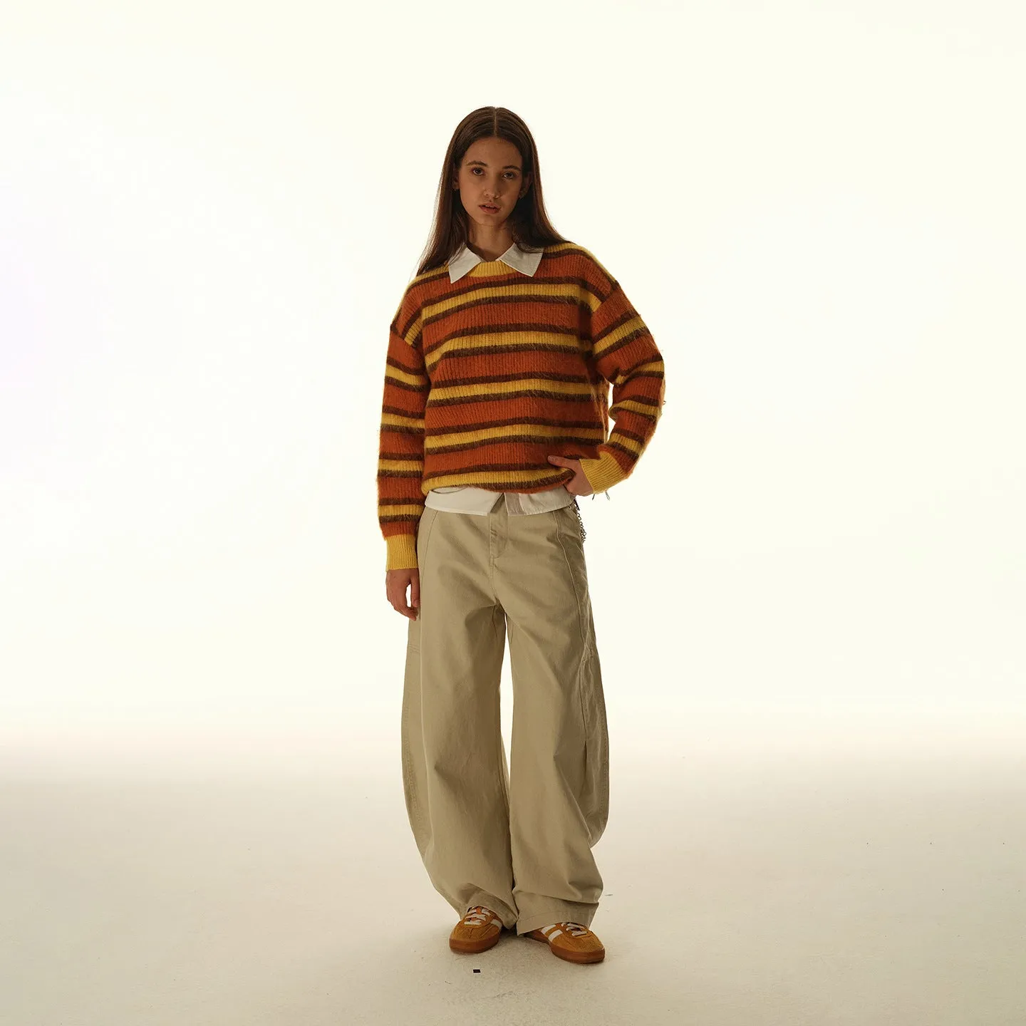 American retro cleanfit striped round neck pullover sweater for men in yellow-orange and blue-black colour options