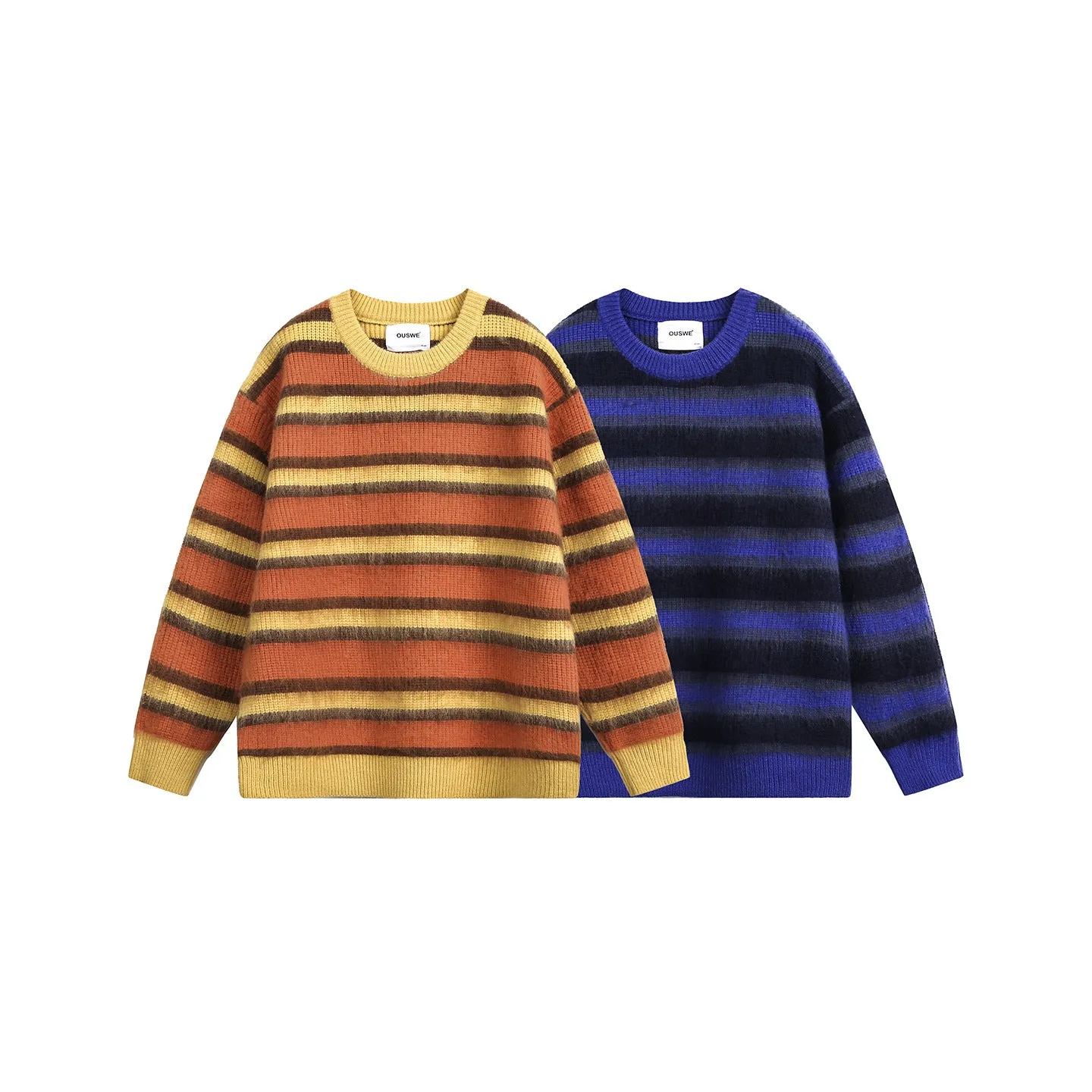 American retro cleanfit striped round neck pullover sweater for men in yellow-orange and blue-black colour options