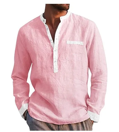Men's long sleeved henry shirt cotton blend solid colour pullover button collar
