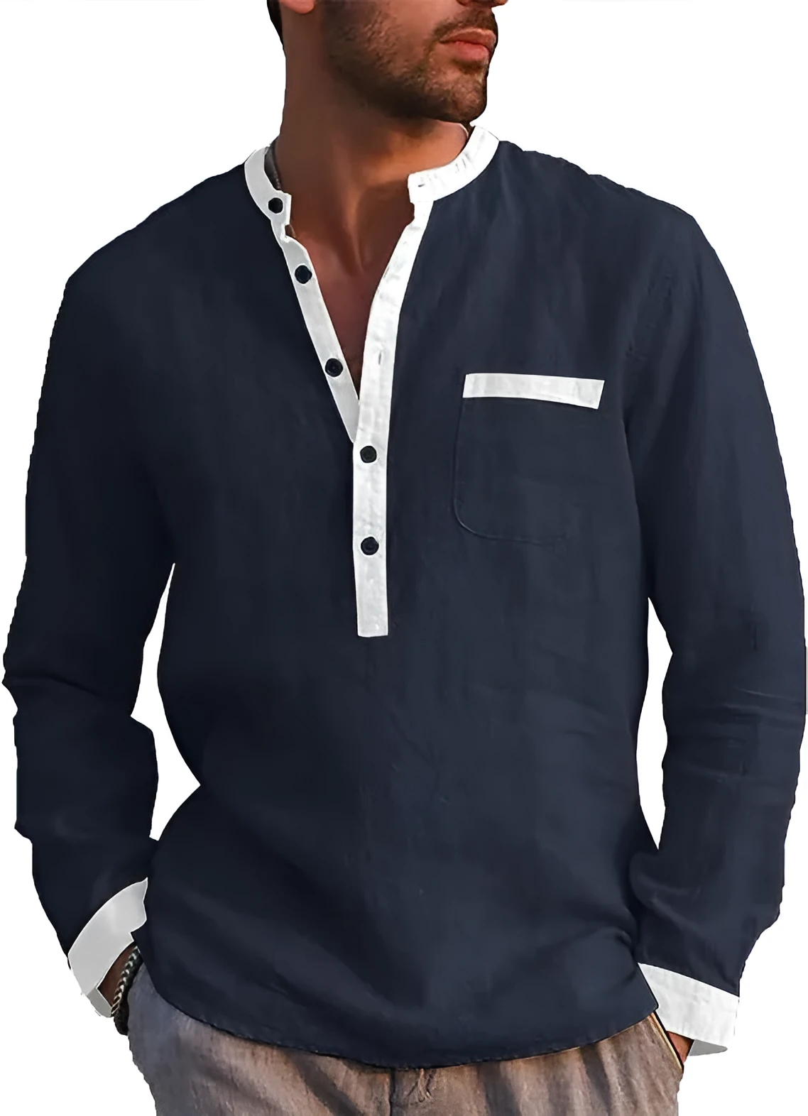 Men's long sleeved henry shirt cotton blend solid colour pullover button collar