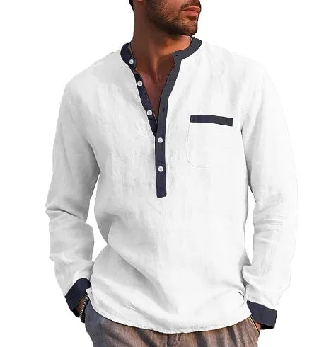 Men's long sleeved henry shirt cotton blend solid colour pullover button collar