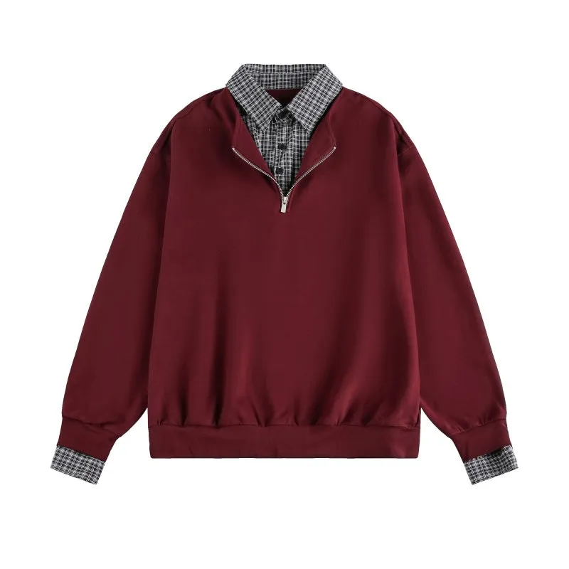 Men's cotton two-piece polo collar sweatshirt in burgundy with loose fit