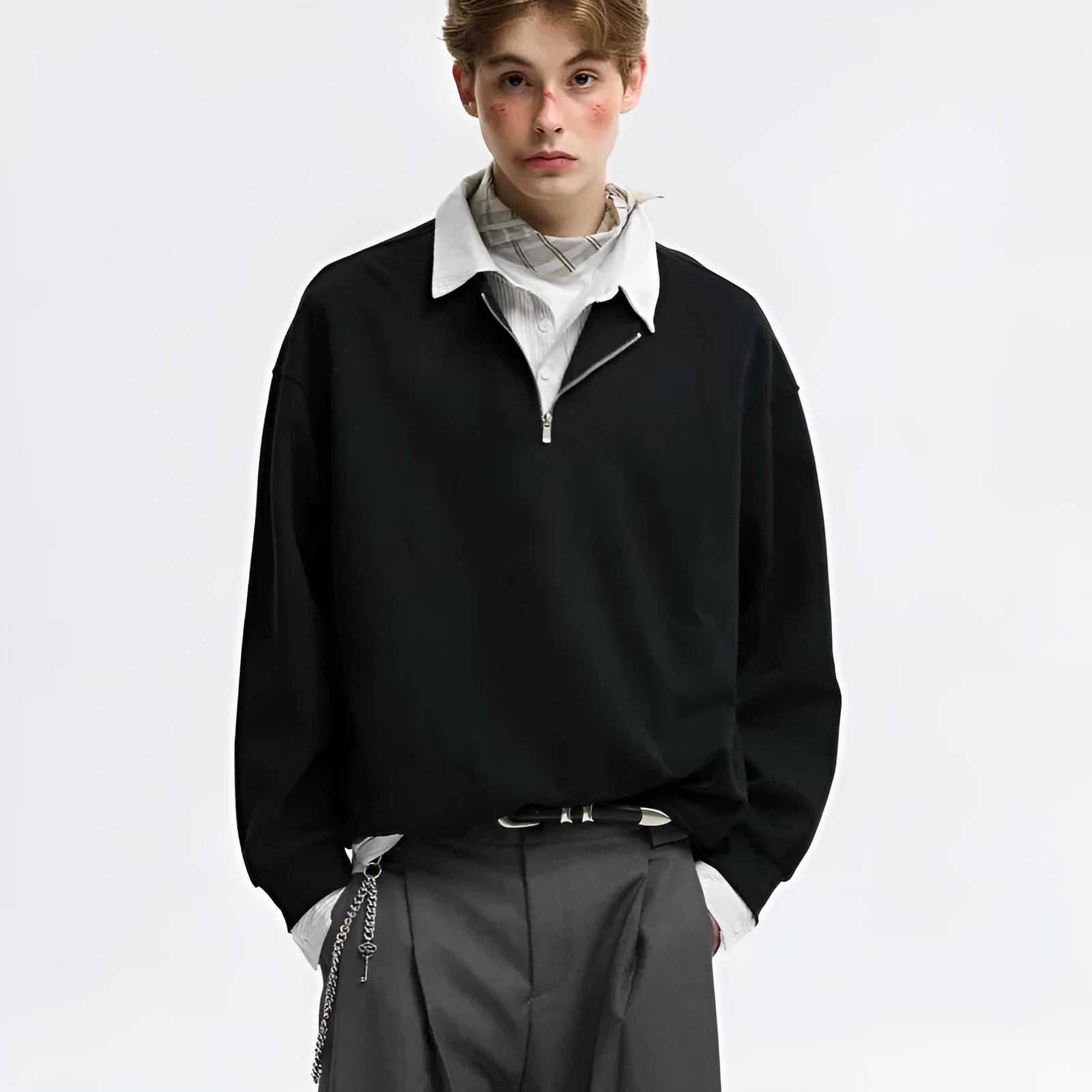 Men's cotton two-piece polo collar sweatshirt in burgundy with loose fit