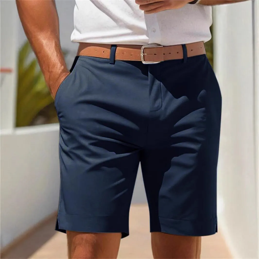 Men's light grey polyester business shorts with straight-leg tailoring on hanger