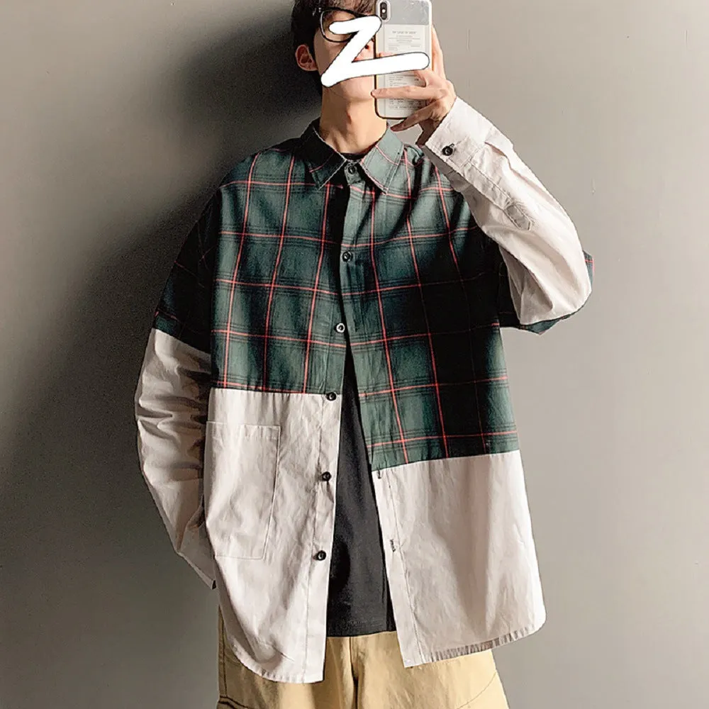 Autumn Japanese plaid stitching cotton shirt for men, green colour, long sleeves, square collar