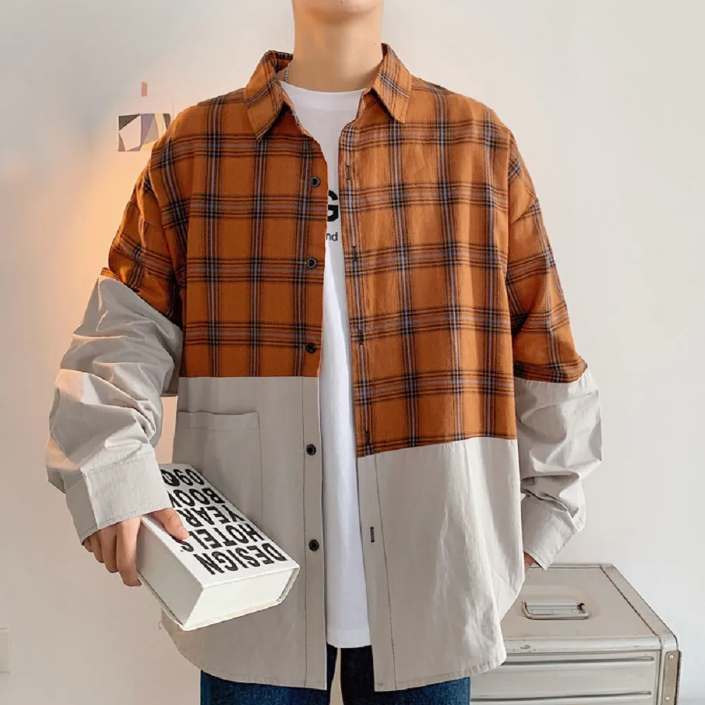 Autumn Japanese plaid stitching cotton shirt for men, green colour, long sleeves, square collar