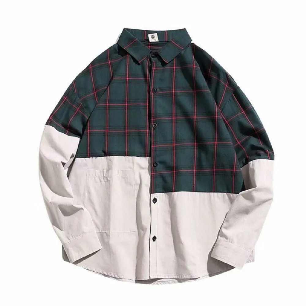 Autumn Japanese plaid stitching cotton shirt for men, green colour, long sleeves, square collar