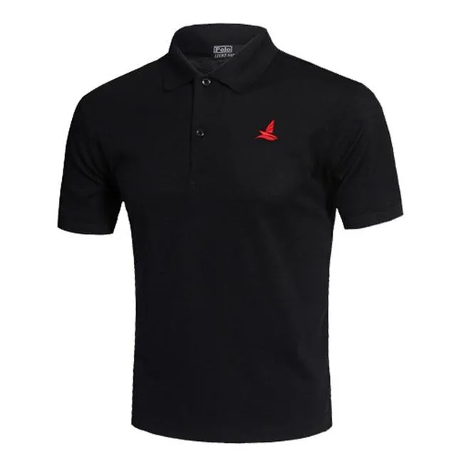 Men's outdoor sport fishing polo shirt in quick-dry fabric, shown in black, sizes M to XXL available