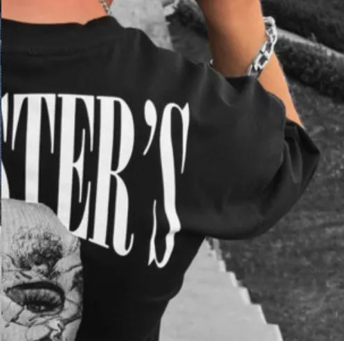 Men's black loose-fit letter print short-sleeve T-shirt imitation cotton fabric