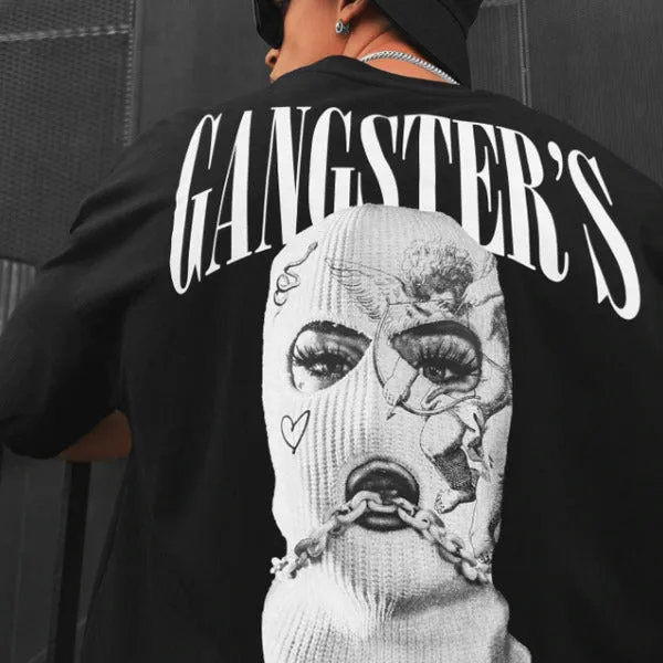 Men's black loose-fit letter print short-sleeve T-shirt imitation cotton fabric