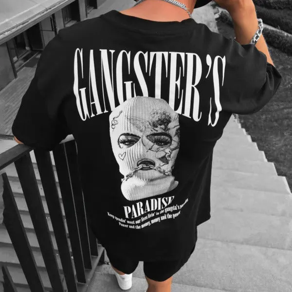 Men's black loose-fit letter print short-sleeve T-shirt imitation cotton fabric