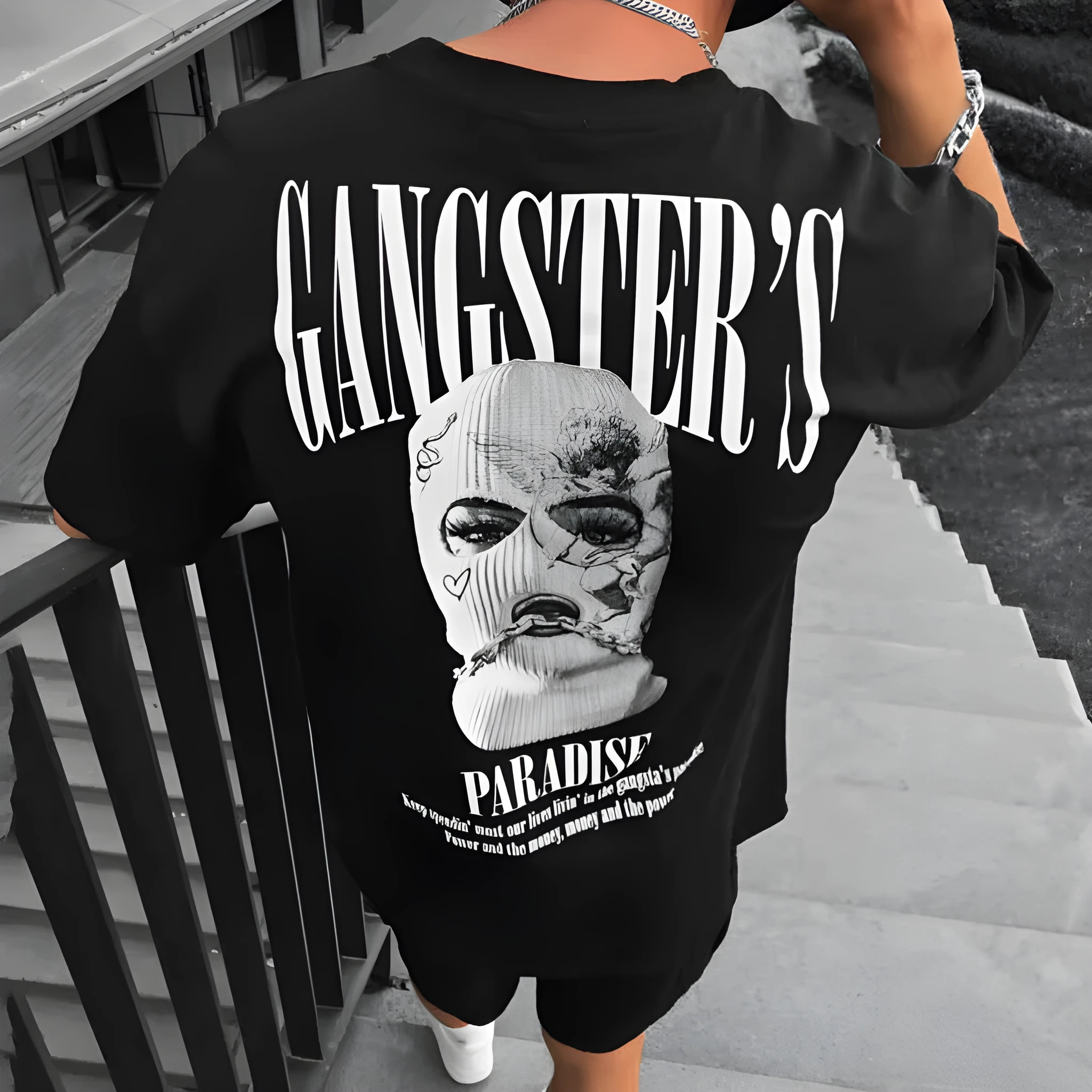 Men's black loose-fit letter print short-sleeve T-shirt imitation cotton fabric