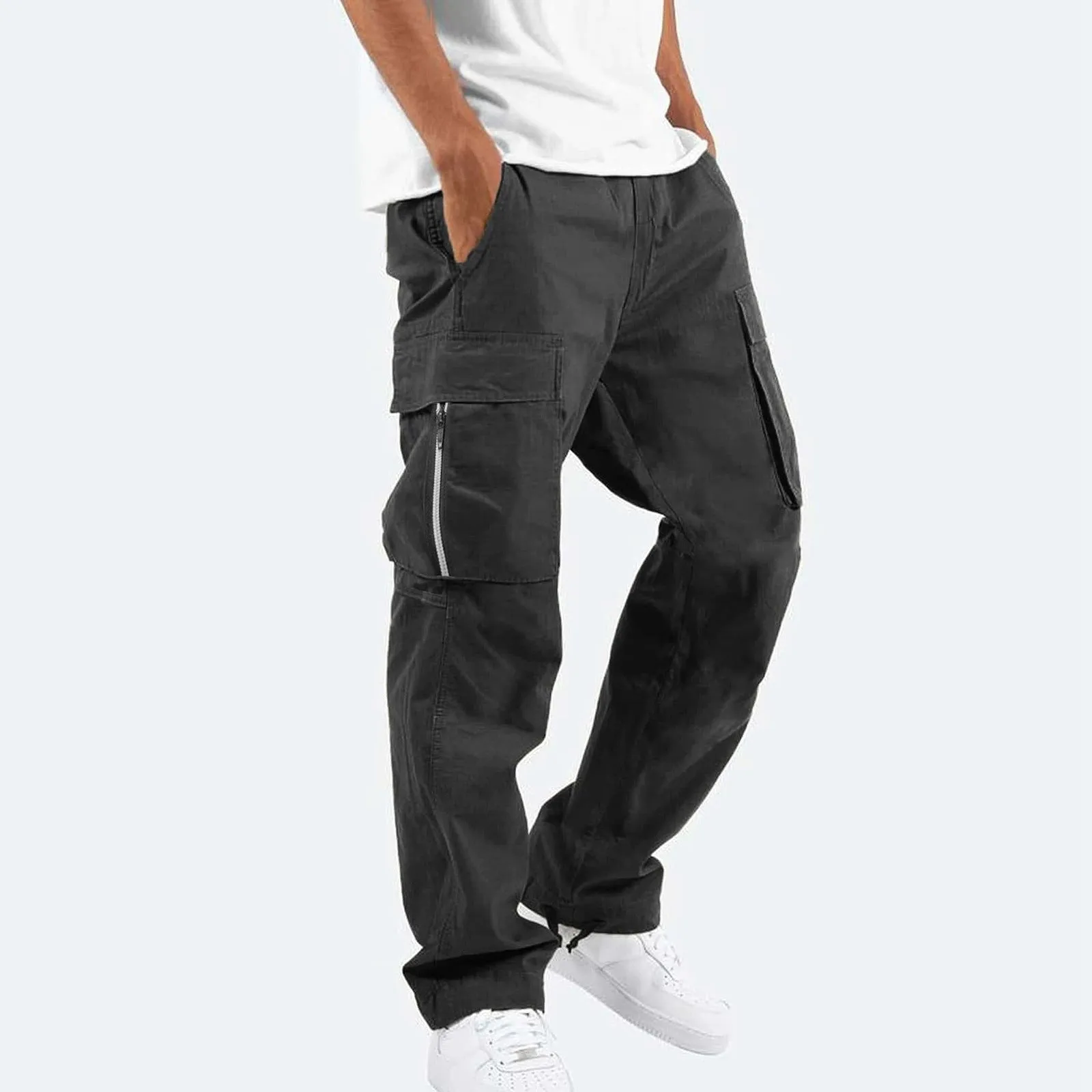 Men's cotton blend work trousers in army green with drawstring elastic waist, side view