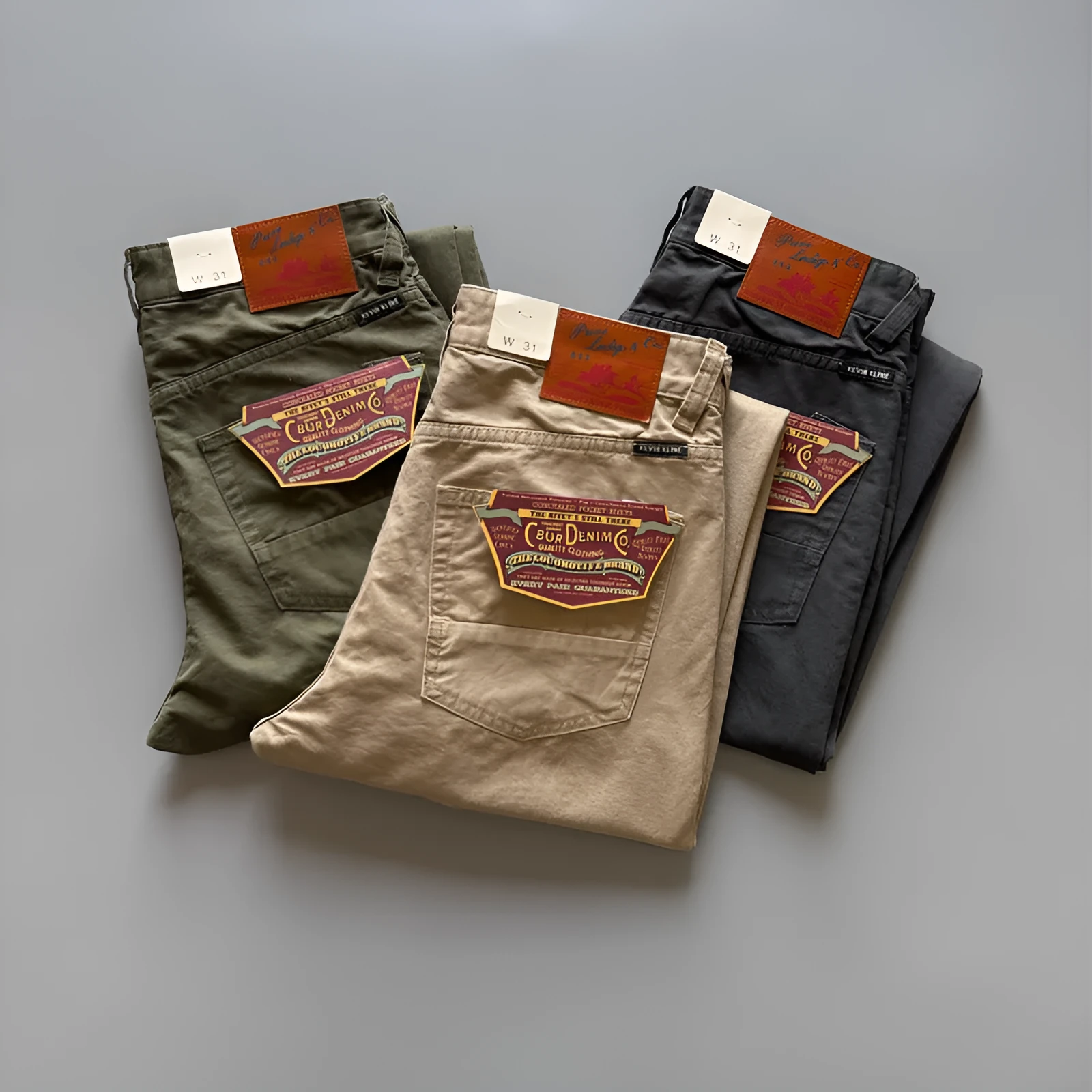 Men's straight-leg casual trousers in Army Green cotton fabric, mid-waist design.