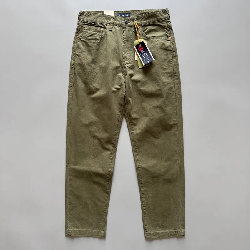 Men's straight-leg casual trousers in Army Green cotton fabric, mid-waist design.