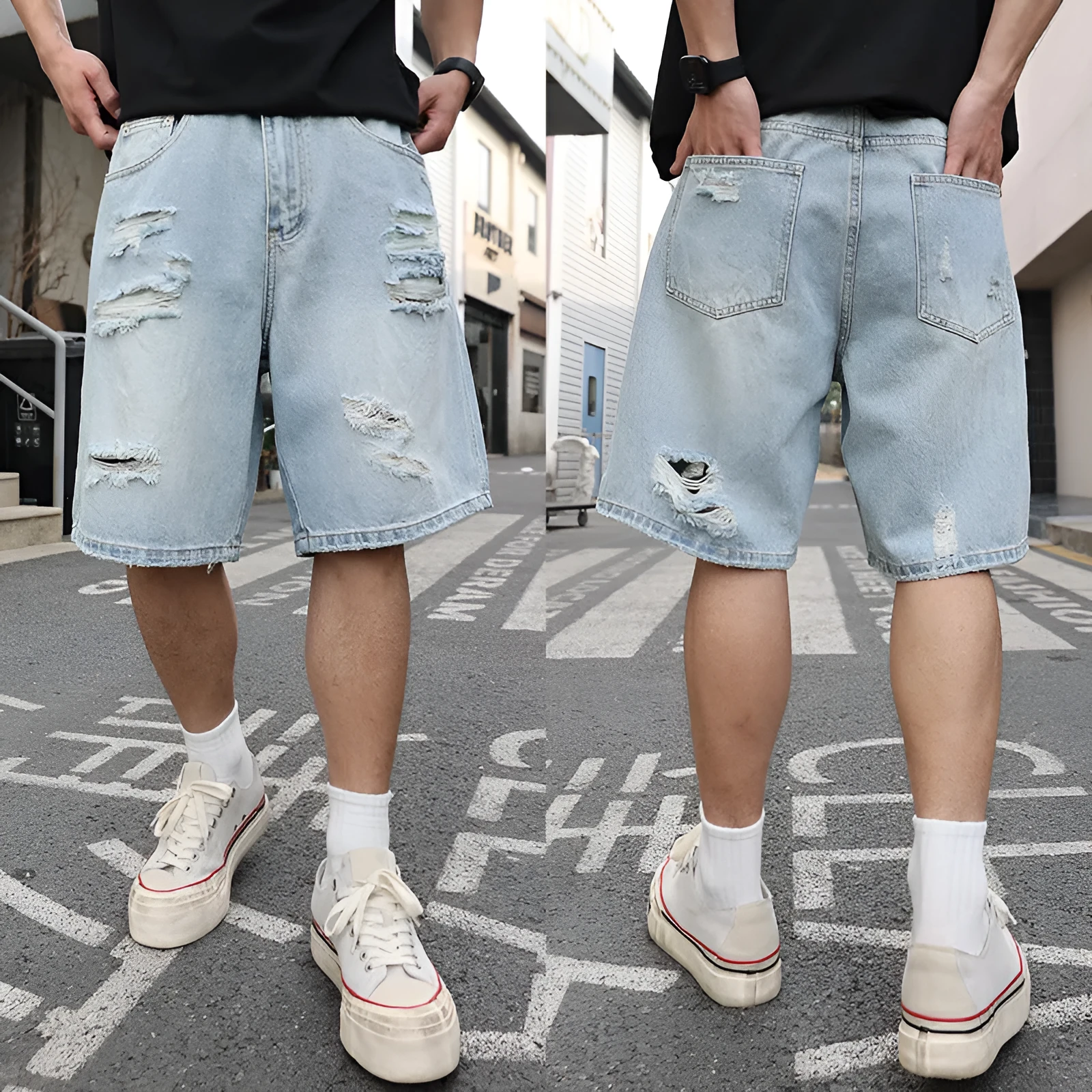Men's light blue ripped denim shorts with a loose, straight leg fit on a plain background.