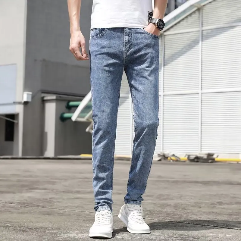 Men's Korean-style light blue tapered jeans with polyester denim blend fabric
