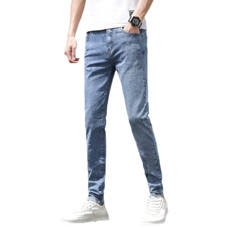 Men's Korean-style light blue tapered jeans with polyester denim blend fabric