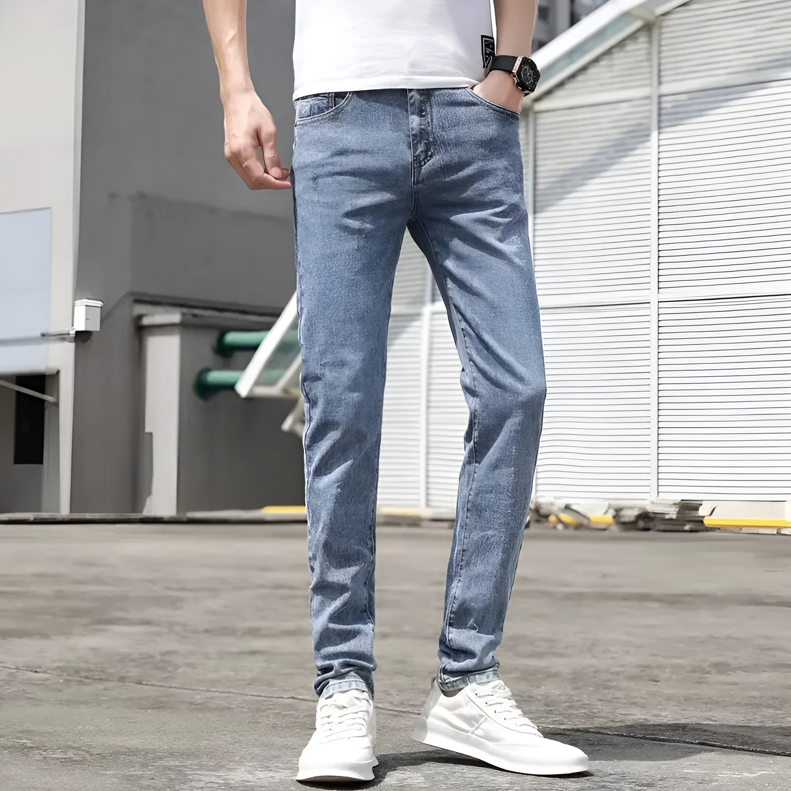 Men's Korean-style light blue tapered jeans with polyester denim blend fabric