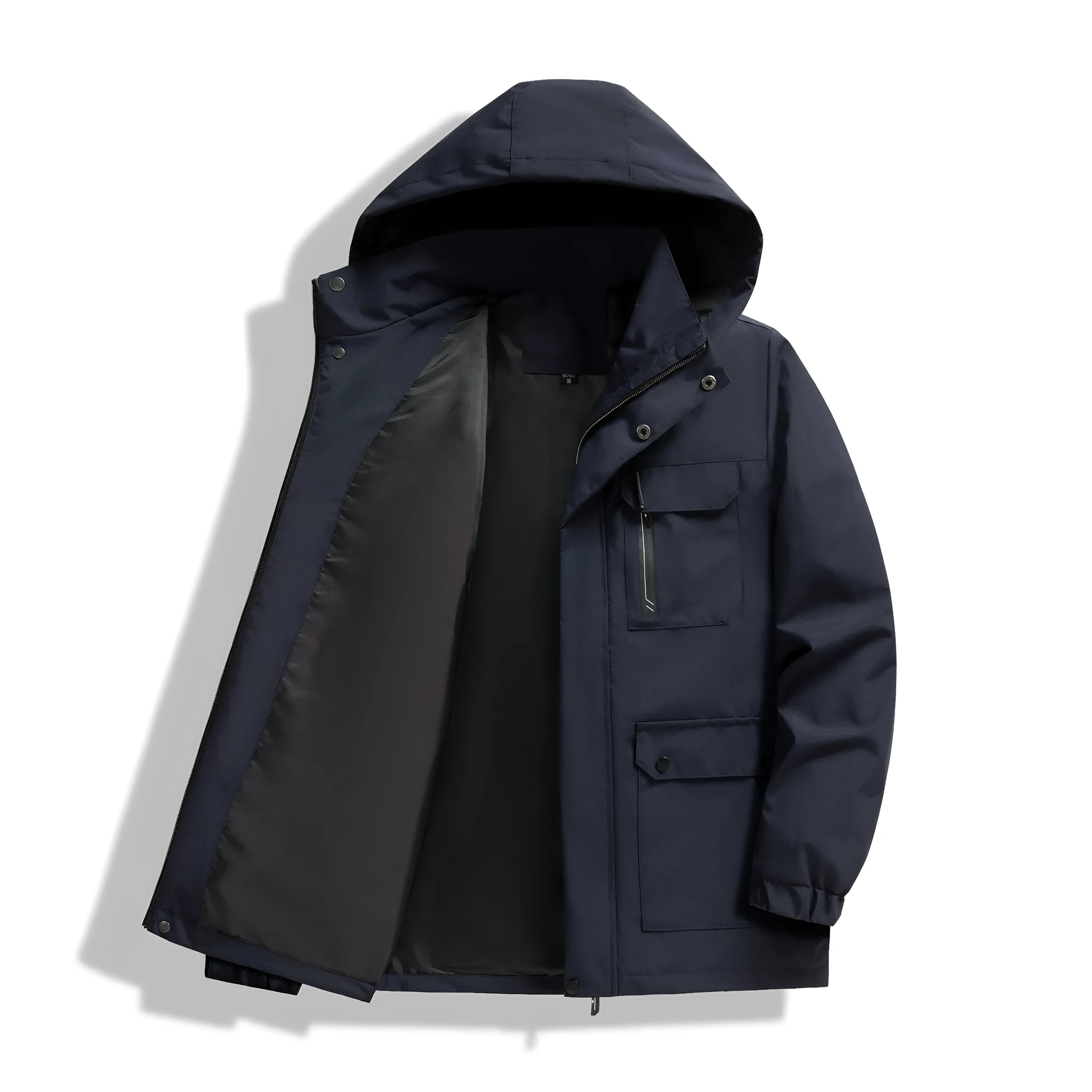 Men's warm hooded outdoor jacket in loose fit, Korean style, colour black, with zipper and pockets