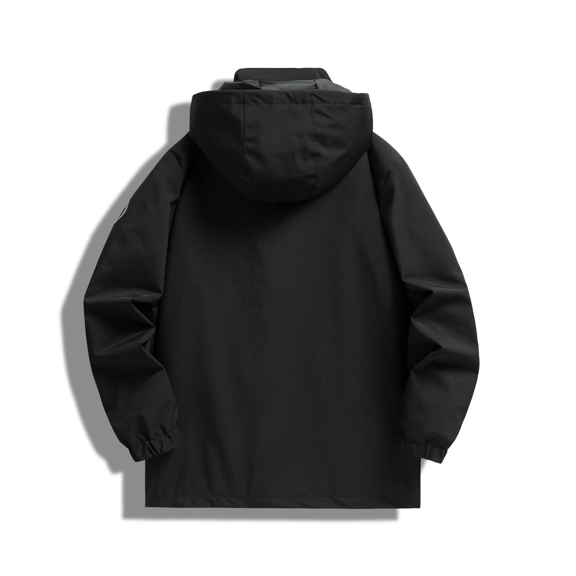Men's warm hooded outdoor jacket in loose fit, Korean style, colour black, with zipper and pockets