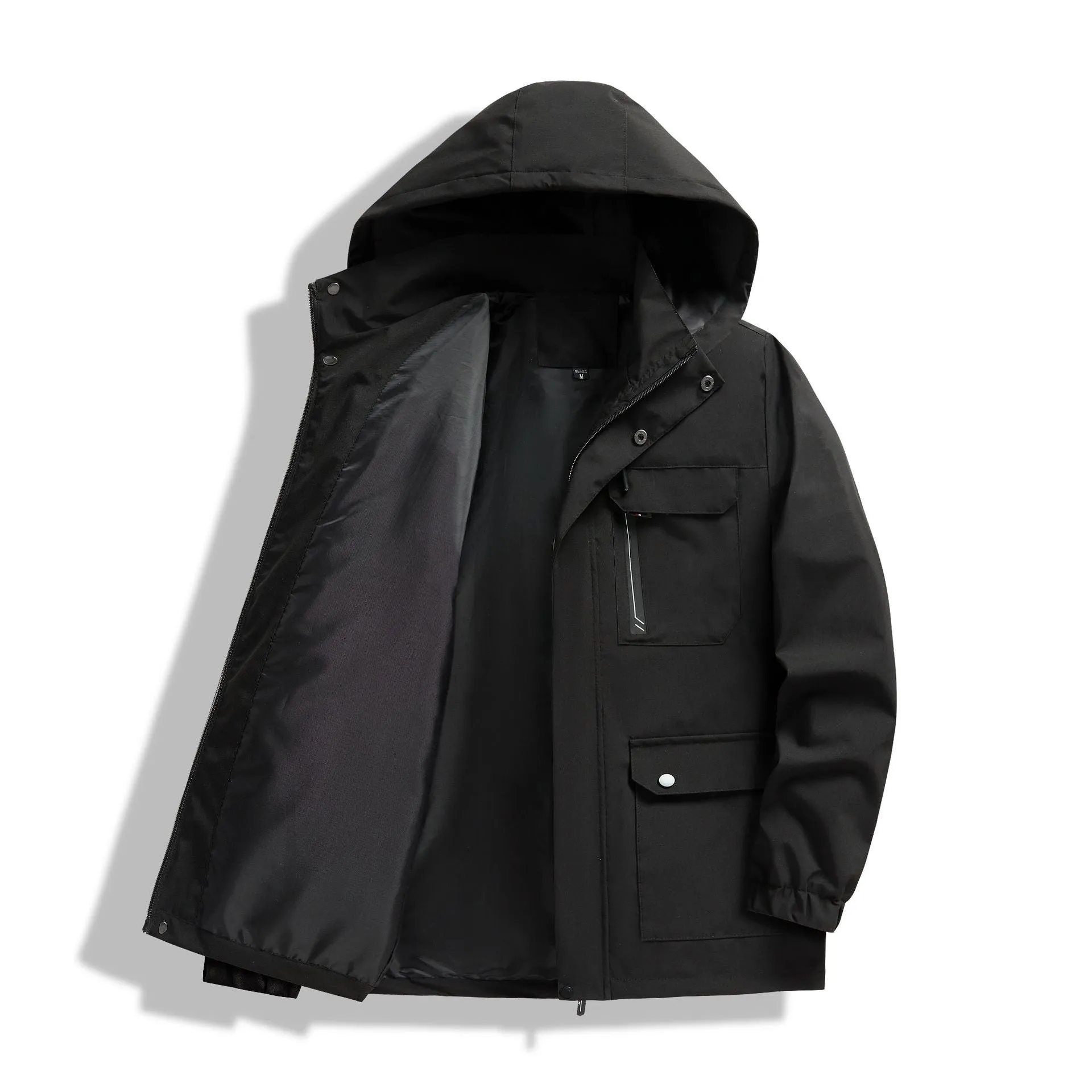 Men's warm hooded outdoor jacket in loose fit, Korean style, colour black, with zipper and pockets