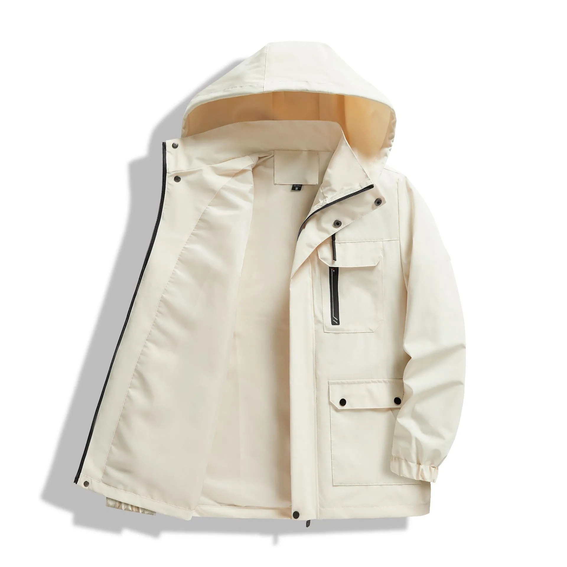 Men's warm hooded outdoor jacket in loose fit, Korean style, colour black, with zipper and pockets