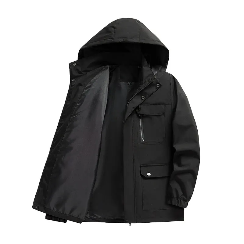 Men's warm hooded outdoor jacket in loose fit, Korean style, colour black, with zipper and pockets