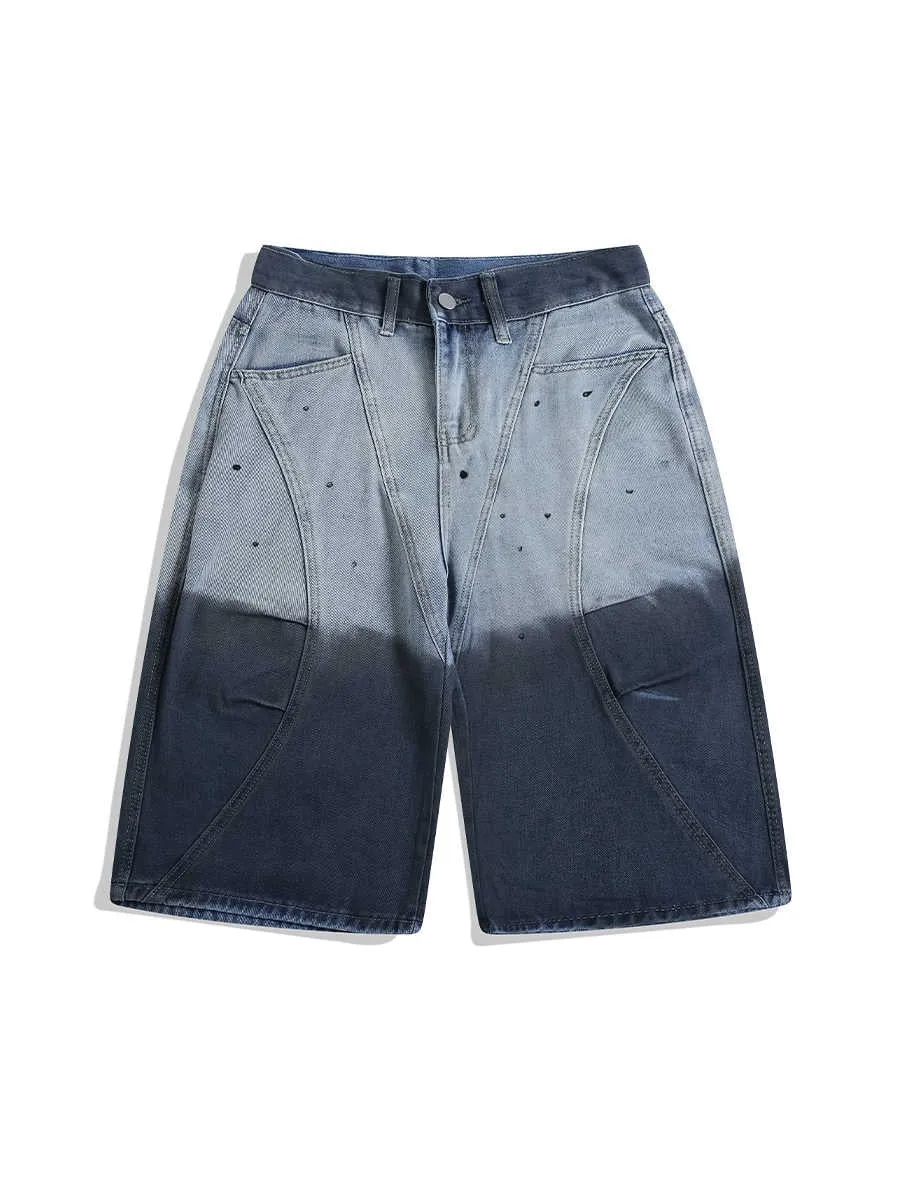 Blue tie-dye gradient washed-out cropped jeans with loose fit and mid waist