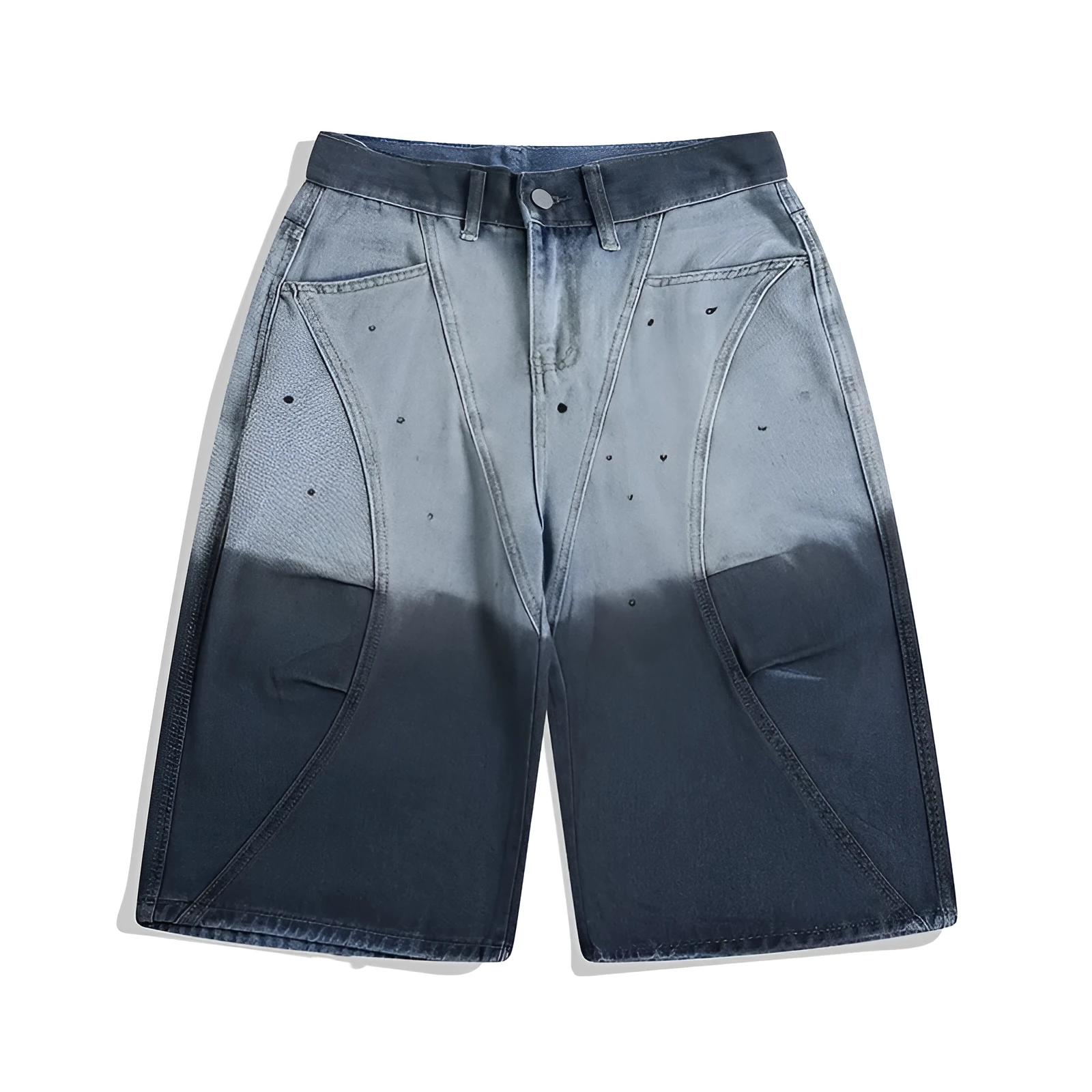 Blue tie-dye gradient washed-out cropped jeans with loose fit and mid waist