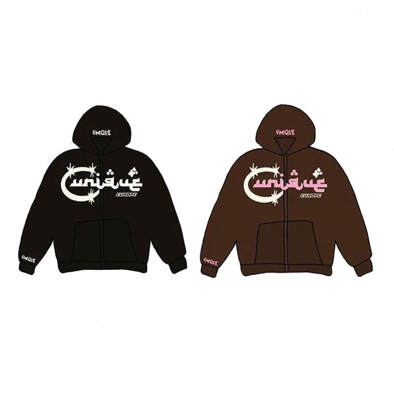 Letter print hooded zipper cardigan sweater in dark brown, full front view on a male model showing long sleeves and hood