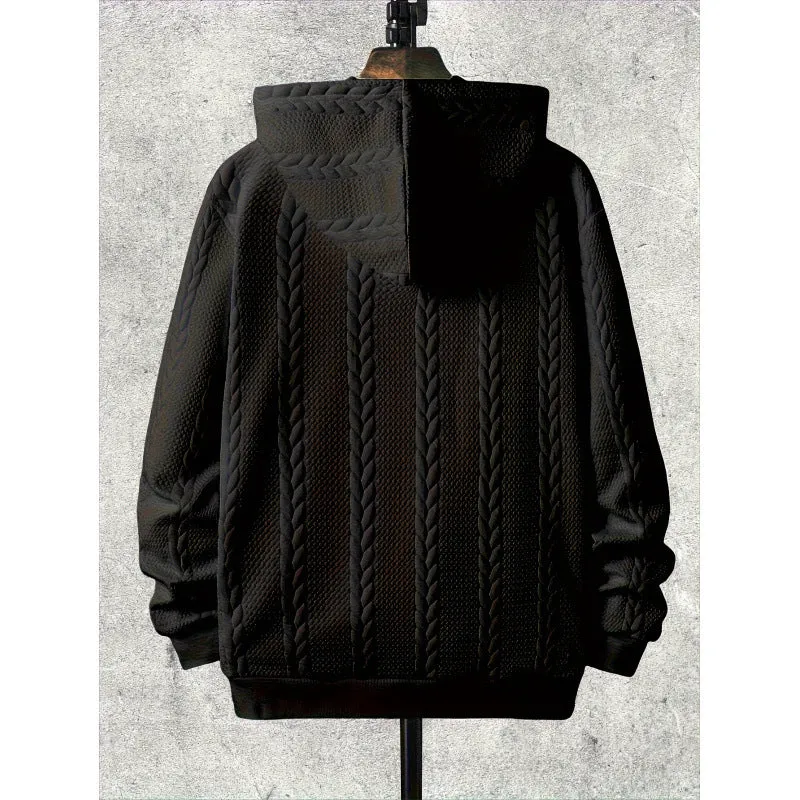 Men's plus-sized casual hooded sweater cardigan in black, 100% polyester, long sleeves, sizes 1XL-6XL
